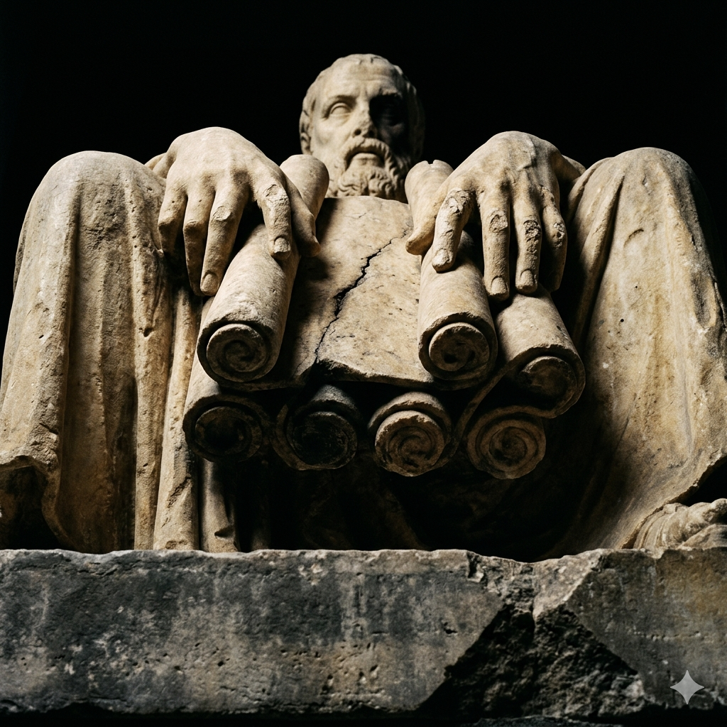 Statue d'un philosophe stoïcien tenant des rouleaux d'écriture
